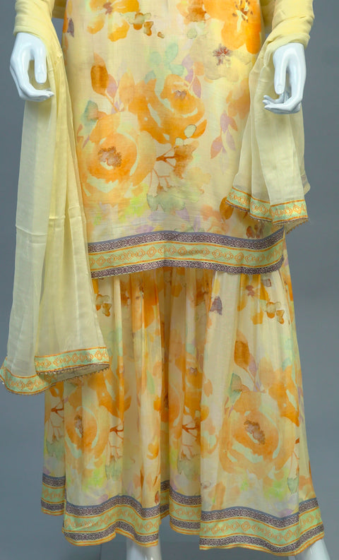 Yellow & White Muslin Kurta, Pants and Dupatta set