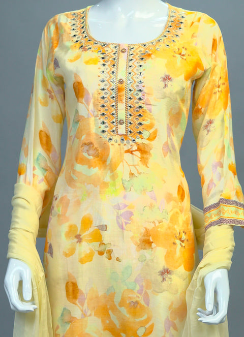 Yellow & White Muslin Kurta, Pants and Dupatta set