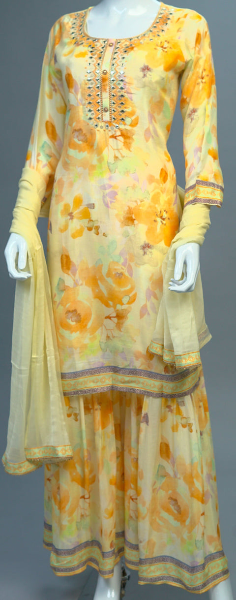 Yellow & White Muslin Kurta, Pants and Dupatta set