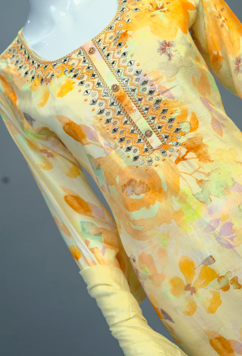 Yellow & White Muslin Kurta, Pants and Dupatta set