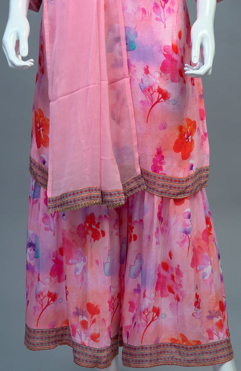 Pink Floral Muslin Kurta, Pants and Dupatta set