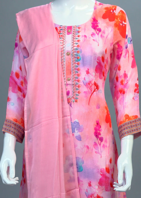 Pink Floral Muslin Kurta, Pants and Dupatta set