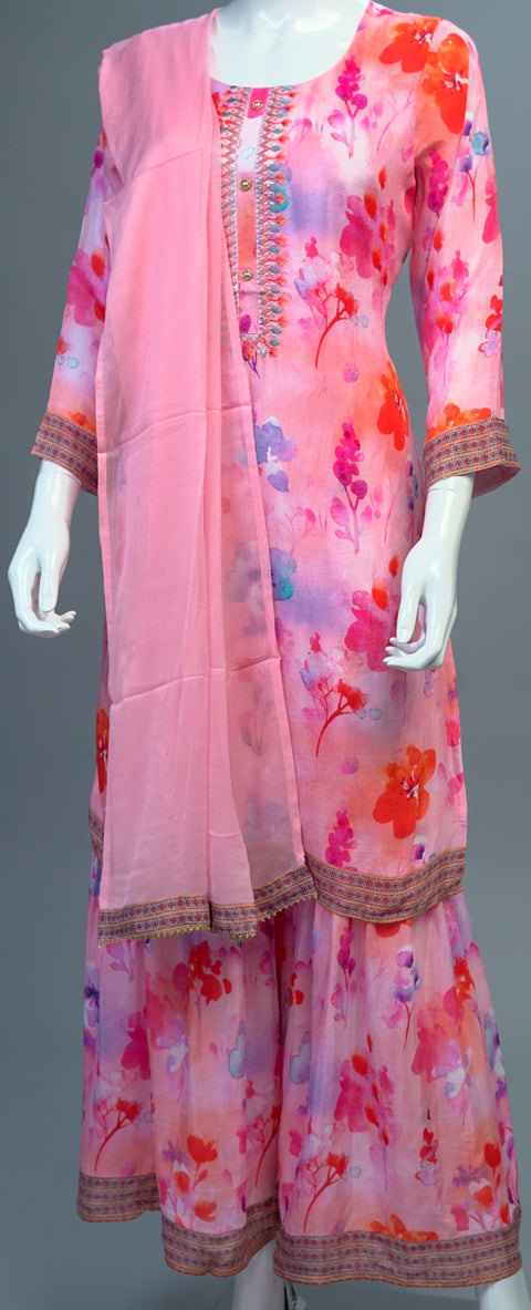 Pink Floral Muslin Kurta, Pants and Dupatta set