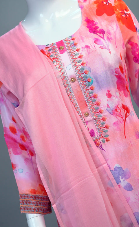 Pink Floral Muslin Kurta, Pants and Dupatta set