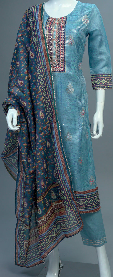 Blue Chanderi Muslin Kurta, Pants and Dupatta set