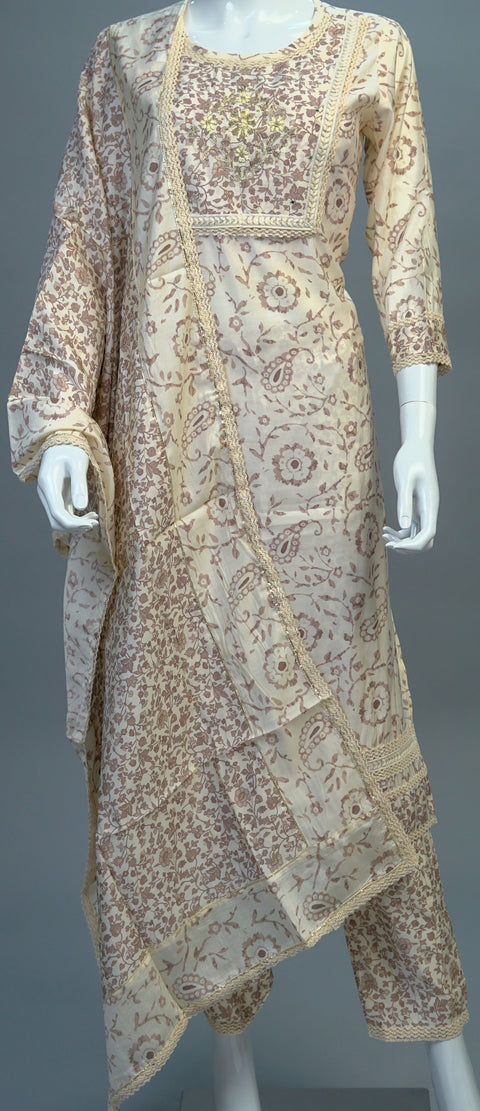Cream Muslin Kurta, Pants and Dupatta set