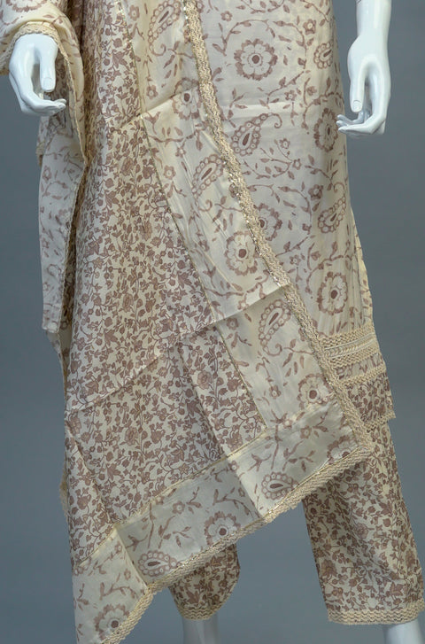 Cream Muslin Kurta, Pants and Dupatta set