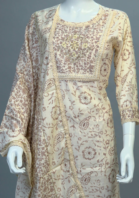 Cream Muslin Kurta, Pants and Dupatta set
