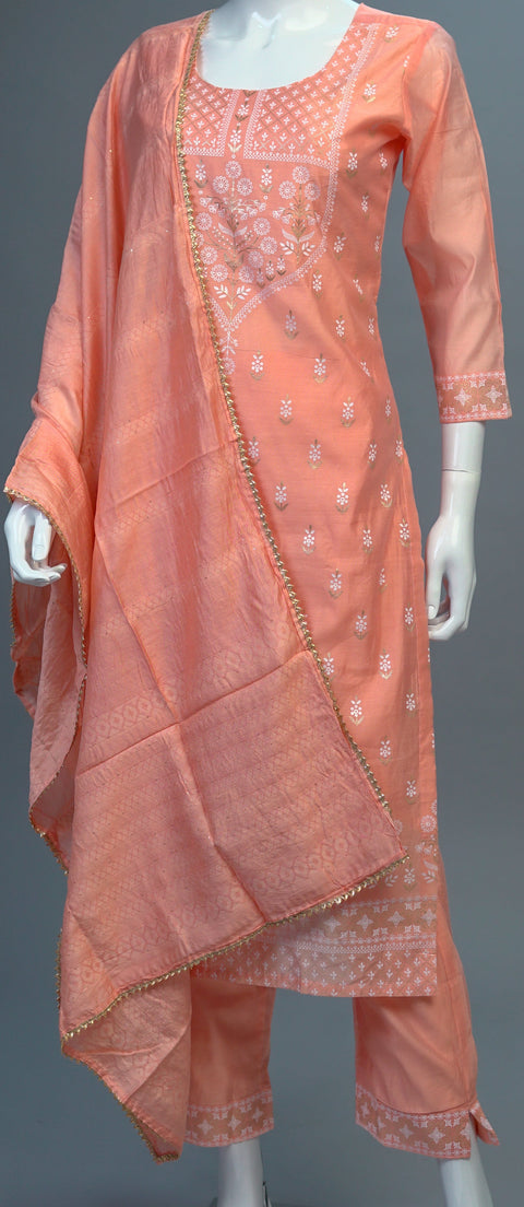 Peach Chanderi Kurta, Pants and Dupatta set