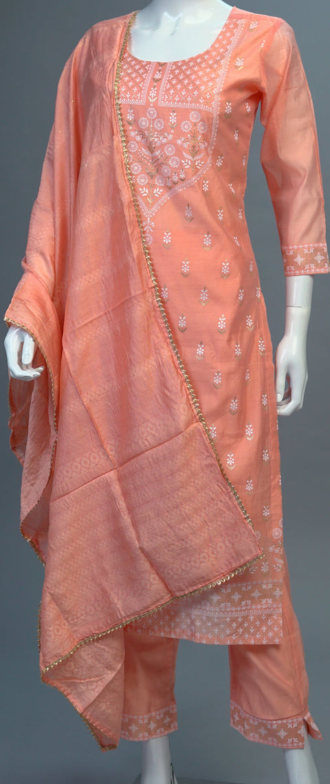 Peach Chanderi Kurta, Pants and Dupatta set
