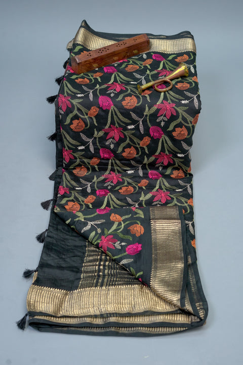 Black Embroidered Moonga Silk Saree