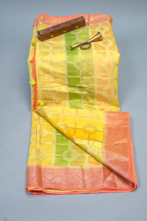 Yellow Orange Green Dola Silk Saree With Blouse