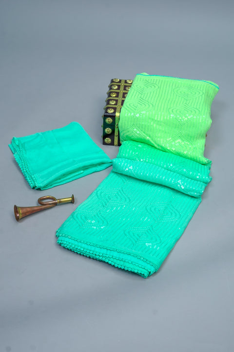 Green and Blue Chiffon saree