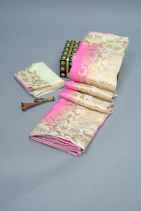 Baby Pink and White Moonga Silk Saree