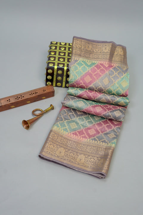 Grey, Blue, Pink Chanderi Silk Saree