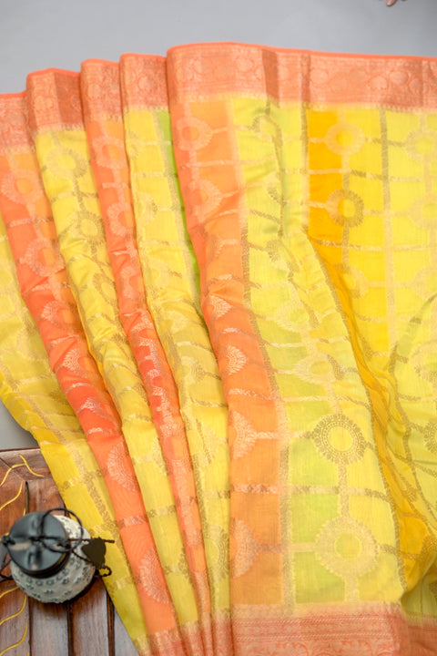 Yellow Orange Green Dola Silk Saree With Blouse