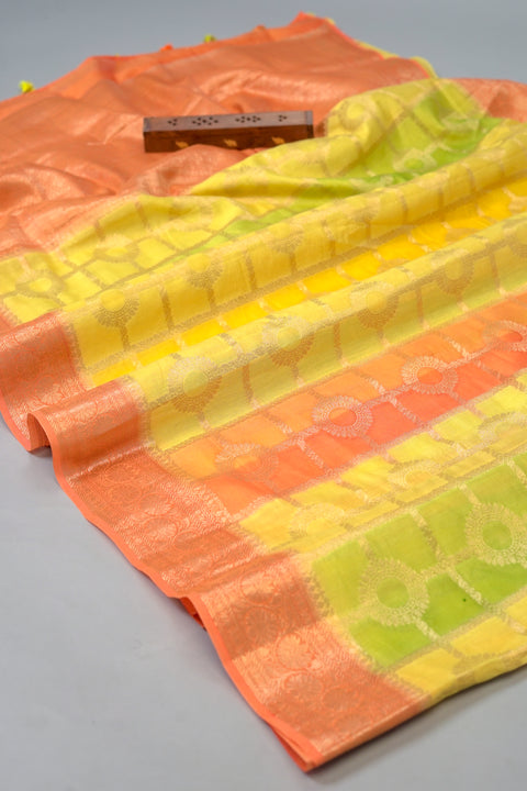 Yellow Orange Green Dola Silk Saree With Blouse