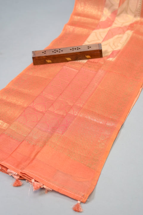 Peach and Red Dola Silk Saree