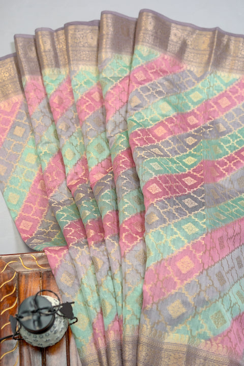 Grey, Blue, Pink Chanderi Silk Saree