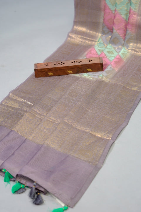Grey, Blue, Pink Chanderi Silk Saree