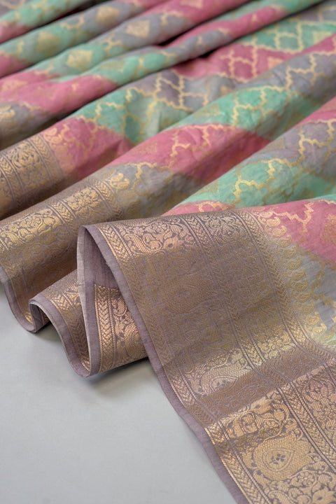 Grey, Blue, Pink Chanderi Silk Saree