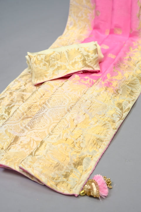 Baby Pink and White Moonga Silk Saree