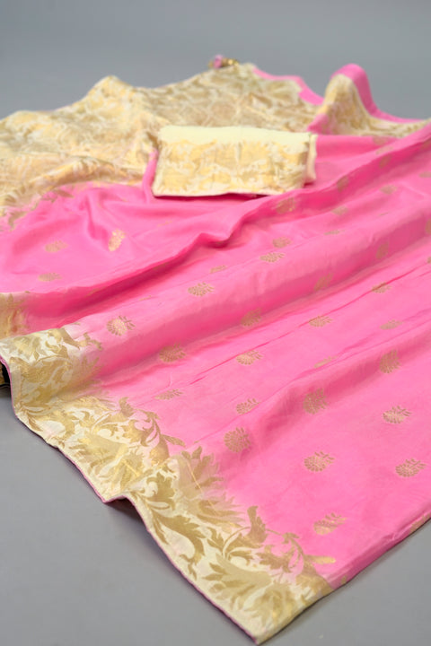 Baby Pink and White Moonga Silk Saree