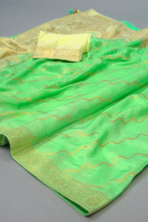 Sea Green and White Moonga Silk Saree
