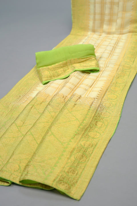 Off-White and Green Georgette saree