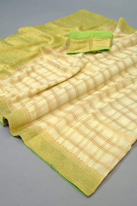 Off-White and Green Georgette saree