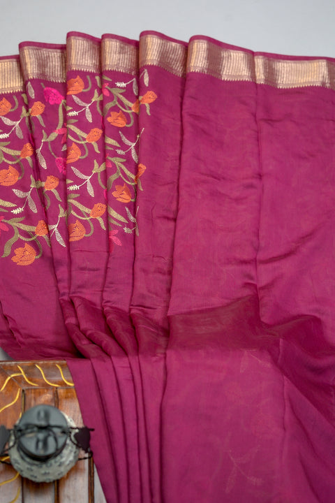 Maroon Embroidered Moonga Silk Saree