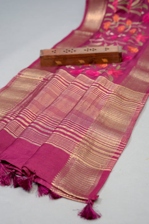 Maroon Embroidered Moonga Silk Saree