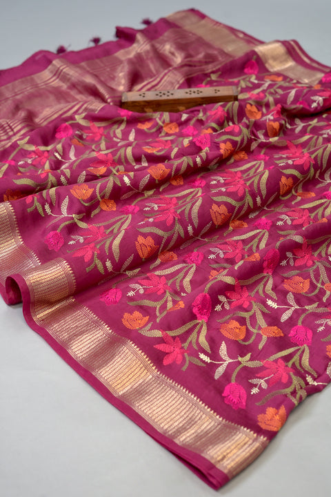 Maroon Embroidered Moonga Silk Saree