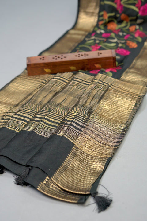 Black Embroidered Moonga Silk Saree