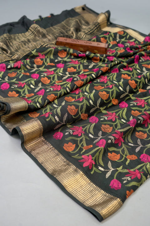 Black Embroidered Moonga Silk Saree