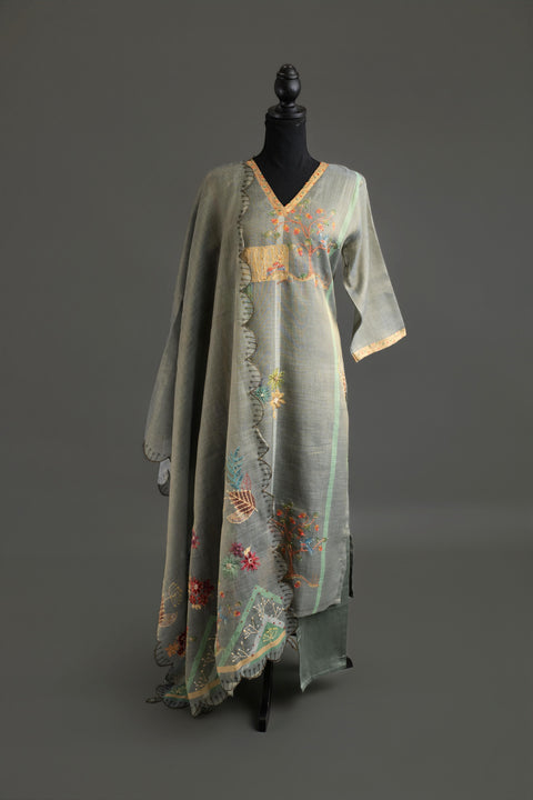 Grey Lenin Cotton Kurta, Pants and Dupatta Set