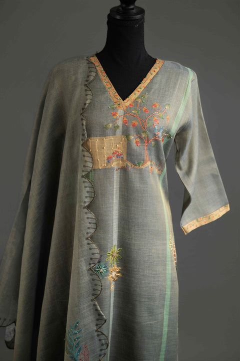 Grey Lenin Cotton Kurta, Pants and Dupatta Set