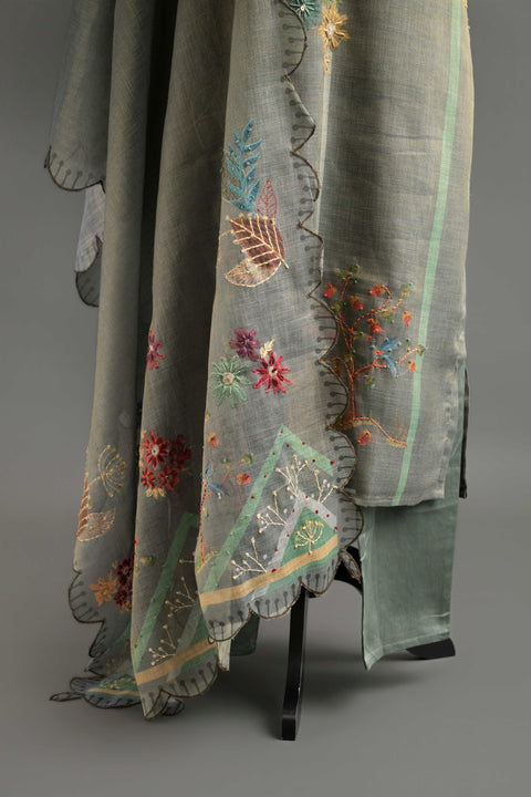 Grey Lenin Cotton Kurta, Pants and Dupatta Set