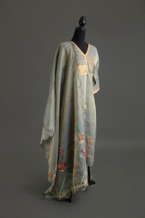 Grey Lenin Cotton Kurta, Pants and Dupatta Set