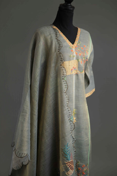 Grey Lenin Cotton Kurta, Pants and Dupatta Set