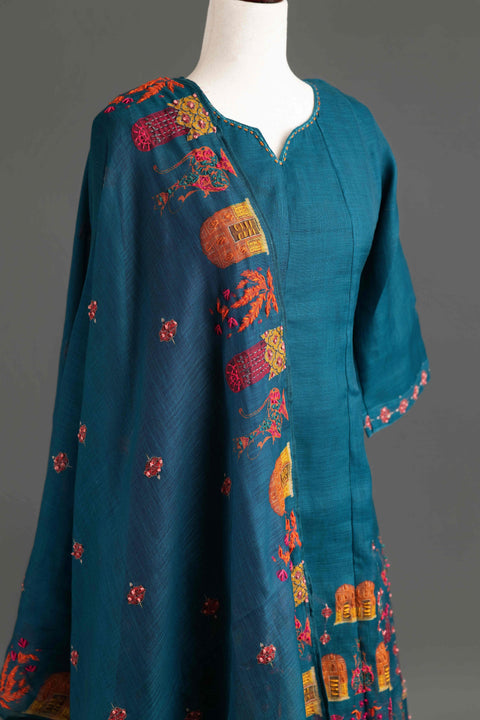 Teal Lenin Cotton Kurta Set