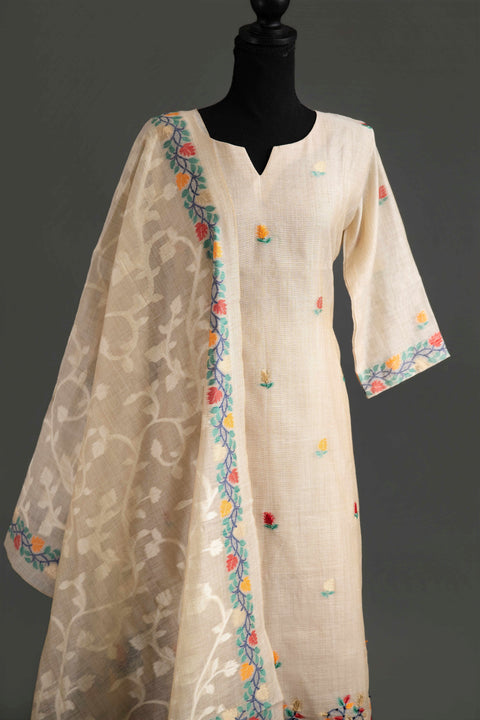Cream Lenin Cotton Kurta Set
