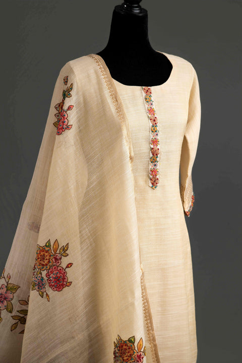 Beige Lenin Cotton Kurta Set