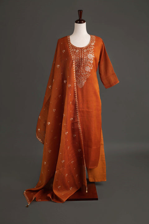 Rust Orange Lenin Tissue Kurta Set