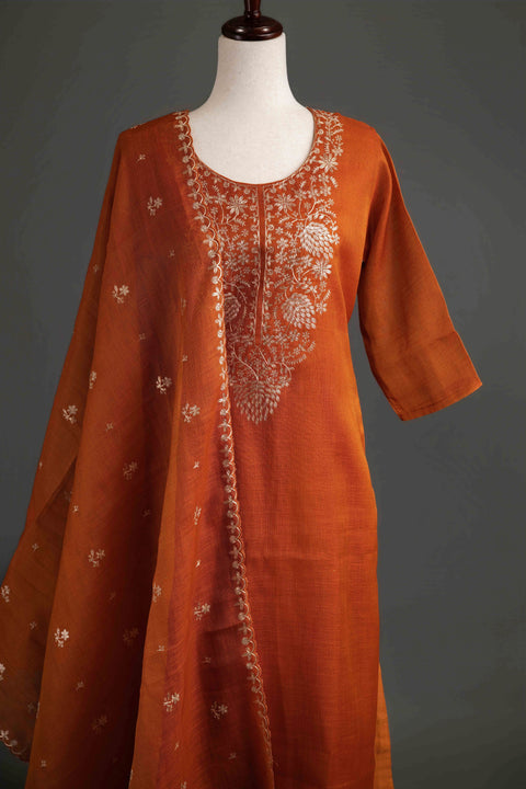 Rust Orange Lenin Tissue Kurta Set
