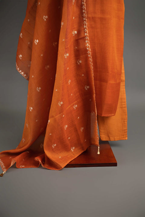 Rust Orange Lenin Tissue Kurta Set