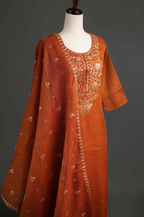 Rust Orange Lenin Tissue Kurta Set