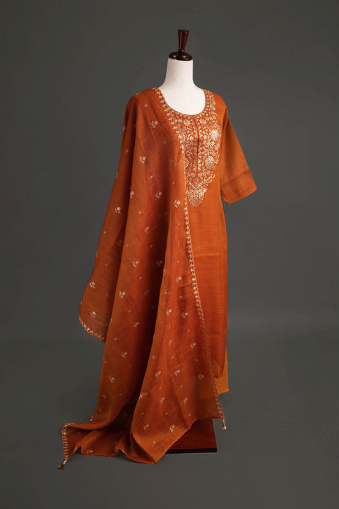 Rust Orange Lenin Tissue Kurta Set