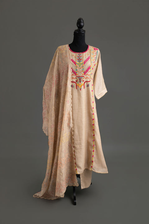 Cream and Pink Lenin Cotton Kurta Set