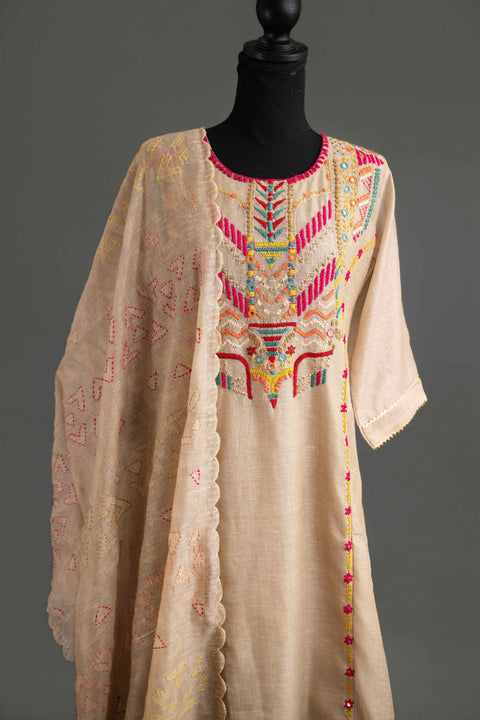 Cream and Pink Lenin Cotton Kurta Set